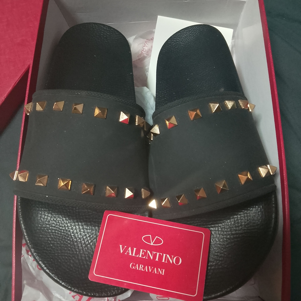 Valentino Garavani Black Slides with Gold Studs